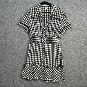 Body Central Women L Black White Checkered Cotton Ruffle Dress V-Neck Flowy EUC
